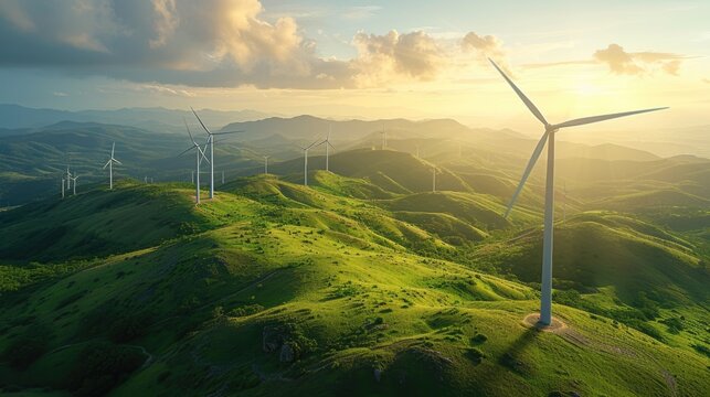 Wind Turbines Against the Morning Sky on lush hillside, technology with nature, wind's energy, potential of renewable resources to power our world, green energy, eco-friendly, environmental campaigns