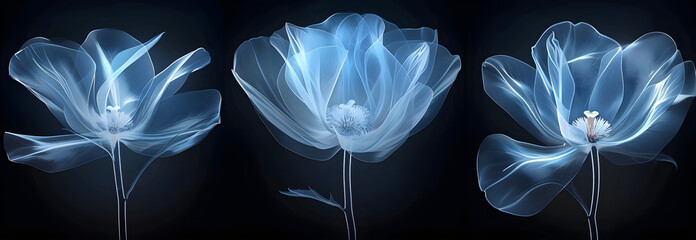 Realistic x-ray illustration of a blue flower petal on a dark background, concept of health check and botany - obrazy, fototapety, plakaty