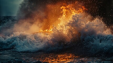 A dramatic scene where a roaring fire meets the crashing waves of the ocean, steam rising where they collide, symbolizing the powerful and opposing forces of fire and water - obrazy, fototapety, plakaty