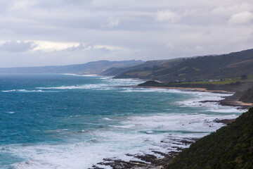 Fototapeta na wymiar Photograph of the rugged coastline and scenery along the Great Ocean Road in Victoria in Australia