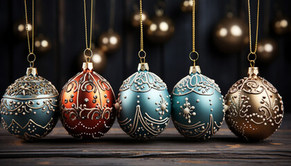 Christmas ornaments hanging in a row, vibrant colors illuminate the season generated by AI