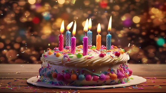 birthday cake with colorful candles birthday cake. colorful party background concept.  seamless looping overlay 4k virtual video animation background 