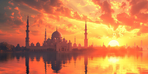 Fototapeta premium A tranquil sunset silhouette of a mosque with reflections on water, ideal for Islamic religious themes and holidays.