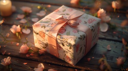 Naklejka na ściany i meble A quaint and charming gift box, wrapped in pastel-colored paper with delicate floral patterns, tied with a satin ribbon.