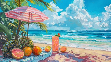 A vibrant beach scene with a girly twist, featuring a pastel striped umbrella, a soft blanket dotted with tropical fruits, and a cool, refreshing drink