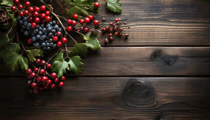 Rustic wood table adorned with fresh holly wreath and berries generated by AI