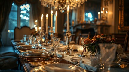 An elegant dining room set for a formal dinner, crystal chandeliers casting a warm glow over a table adorned with fine china and silverware, soft classical music filling the air, Photography, 