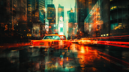 A sports car in the style of the 60s drives in city traffic. Background blur, double exposure, high speed. Yellow-red lights. Retro stylization of the picture.