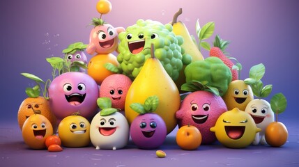 Group of Fruits and Vegetables With Painted Faces