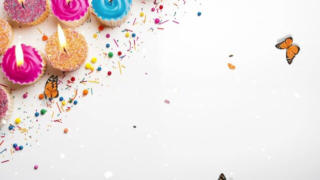 flat lay cupcake on white background. colorful birthday cake candles with candy sprinkles. seamless looping overlay 4k virtual video animation background 