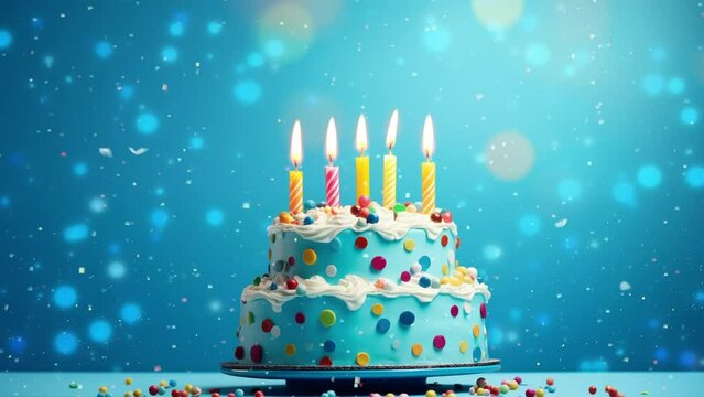 colorful birthday cake over blue birthday cake with candles. seamless looping overlay 4k virtual video animation background 