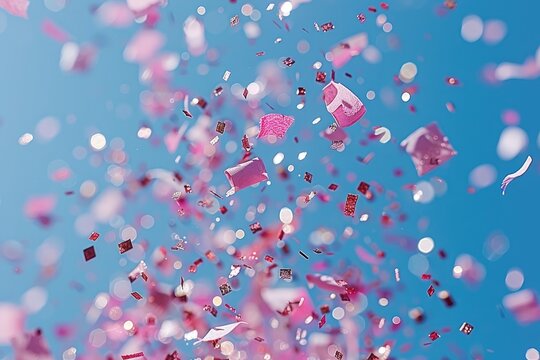 papers confetti falling in the bright blue sky professional photography background