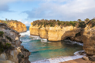 Fototapeta na wymiar Photograph of rock formations and interesting scenery at Loch Ard Gorge in Port Campbell National Park on the Great Ocean Road in Victoria in Australia