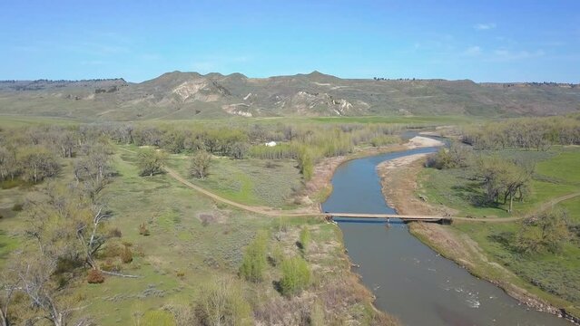 Drone Flying over Judith River in Spring