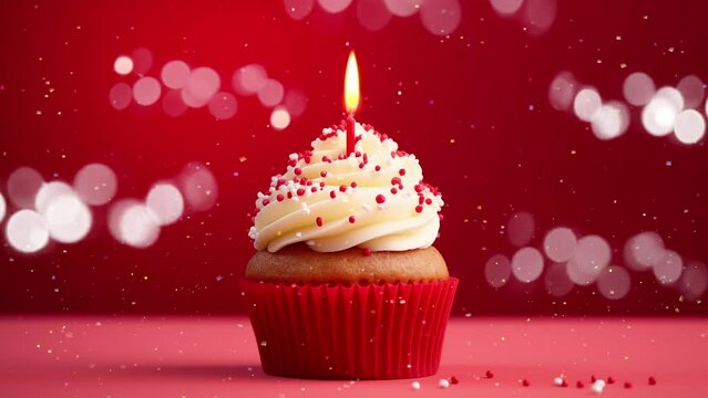 fresh tasty cupcake with candle on red background. seamless looping overlay 4k virtual video animation background 