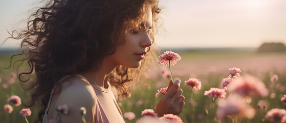 Beautiful woman smelling flowers in a field enjoying spring