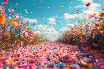 Fototapeta na wymiar petal flowers confetti falling from a bright blue sky on an autumn or spring professional photography