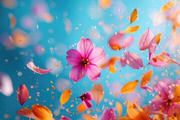 Fototapeta na wymiar petal flowers confetti falling from a bright blue sky on an autumn or spring professional photography