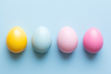 Colorful easter eggs on blue background. Happy Easter concept. Simple spring pattern for greeting card, banner, poster. Top view, flat lay with copy space 