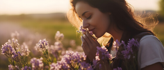 Beautiful woman smelling flowers in a field enjoying spring
