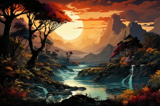 a painting of a river surrounded by trees and mountains at sunset