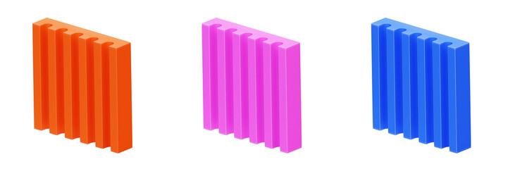 Geometric 3D shapes in multiple color, on transparent background
