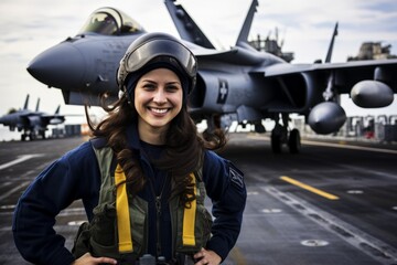 Capturing the Essence of a Female Aircraft Carrier Crew Member, Poised on the Flight Deck with Jets Behind Her