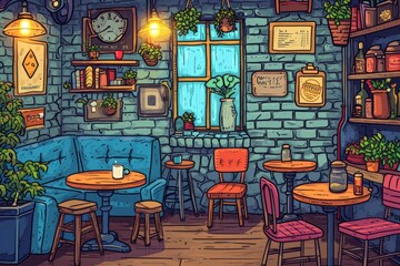 Cartoon cute doodles of a charming coffee shop, with characters sipping hot beverages in a cozy corner filled with comfy chairs, Generative AI