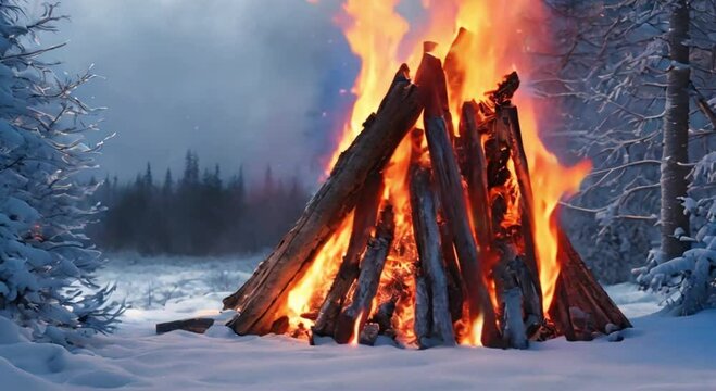 Bonfire burns brightly in the winter forest