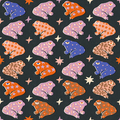 Magic Frogs from fairy tale, funny funky seamless pattern. High quality photo. - 737665700