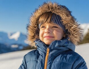 Portrait of a little boy in a winter jacket outdoor - 737666120