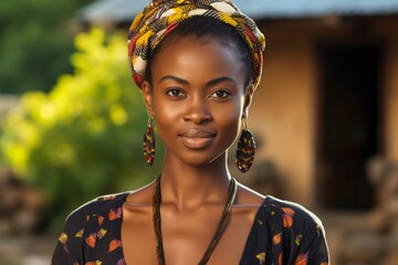 Poised African Woman in her Middle Ages, Showcasing her Natural Short Hair, Surrounded by the Culture of her Village