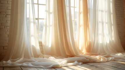 薄いカーテンの向こうの窓から、部屋に光が差し込む様子