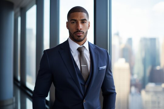 Confident biracial businessman in a tailored suit, displaying his cufflinks in a modern office overlooking the city