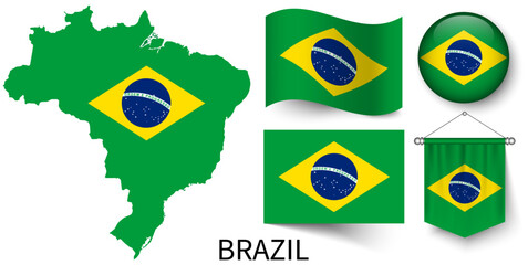 The various patterns of the Brazil national flags and the map of Brazil's borders