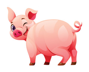 Cartoon happy pig from back view. Vector illustration isolated on white background