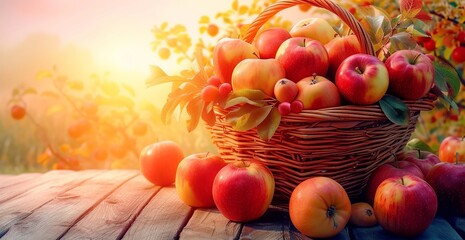 An Illustration of a Basket of Red Apples Rests on a Wooden Table in the Warm Glow of Autumn. Made with Generative AI Technology