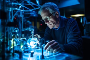 A Thoughtful Materials Scientist Pictured in His Element, Surrounded by the Tools of His Trade in a Fluorescent-lit Lab