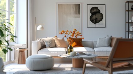Fototapeta na wymiar Interior design of modern sophisticated living room with scandinavian elegance 