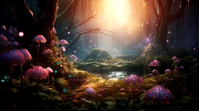 Beautiful forest with fairy tale scene, animated virtual repeating seamless 4k	
