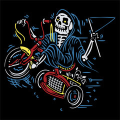 vector illustration artwork of grim reaper riding mini bike bring flag.