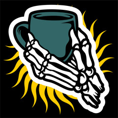 vector illustration artwork of skeleton hand with mug coffee.