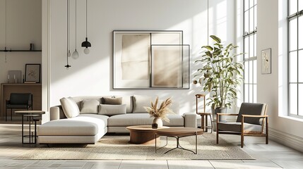 Interior design of modern sophisticated living room with scandinavian elegance 
