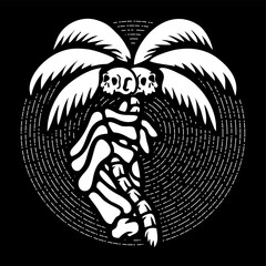 vector illustration artwork of skull skeleton hand bring palm tree with 2 skull coconut.