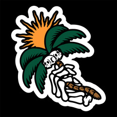 vector illustration artwork of skull skeleton hand bring palm tree with 2 skull coconut.