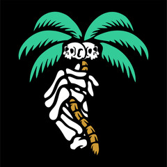 vector illustration artwork of skull skeleton hand bring palm tree with 2 skull coconut.