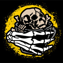 vector illustration artwork of skull skeleton hand bring glass skull head