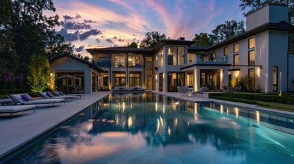 Fototapeta na wymiar Impressive modern mansion with pool at dusk