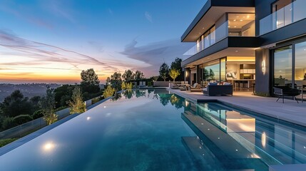 Impressive modern mansion with pool at dusk