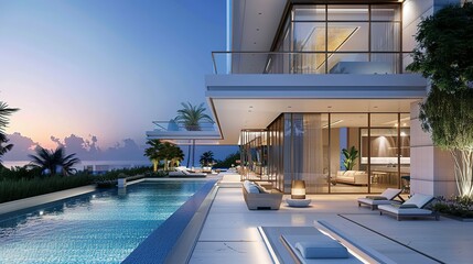 Fototapeta premium Impressive modern mansion with pool at dusk